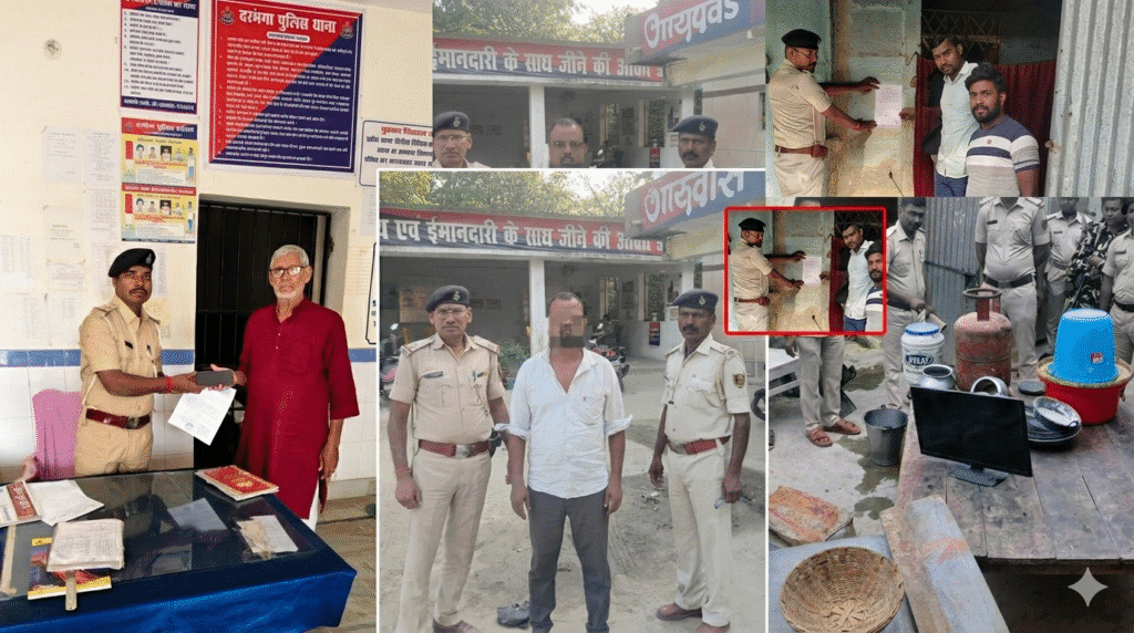 दरभंगा पुलिस का बड़ा एक्शन: मोबाइल बरामद, वारंटी गिरफ्तार, 85 लीटर शराब जब्त