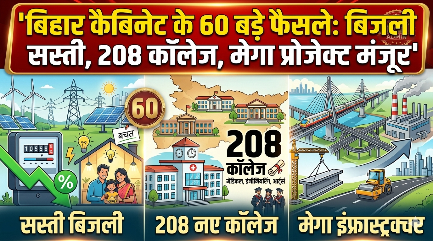 बिहार कैबिनेट के 60 बड़े फैसले: बिजली सस्ती, 208 कॉलेज, मेगा प्रोजेक्ट मंजूर