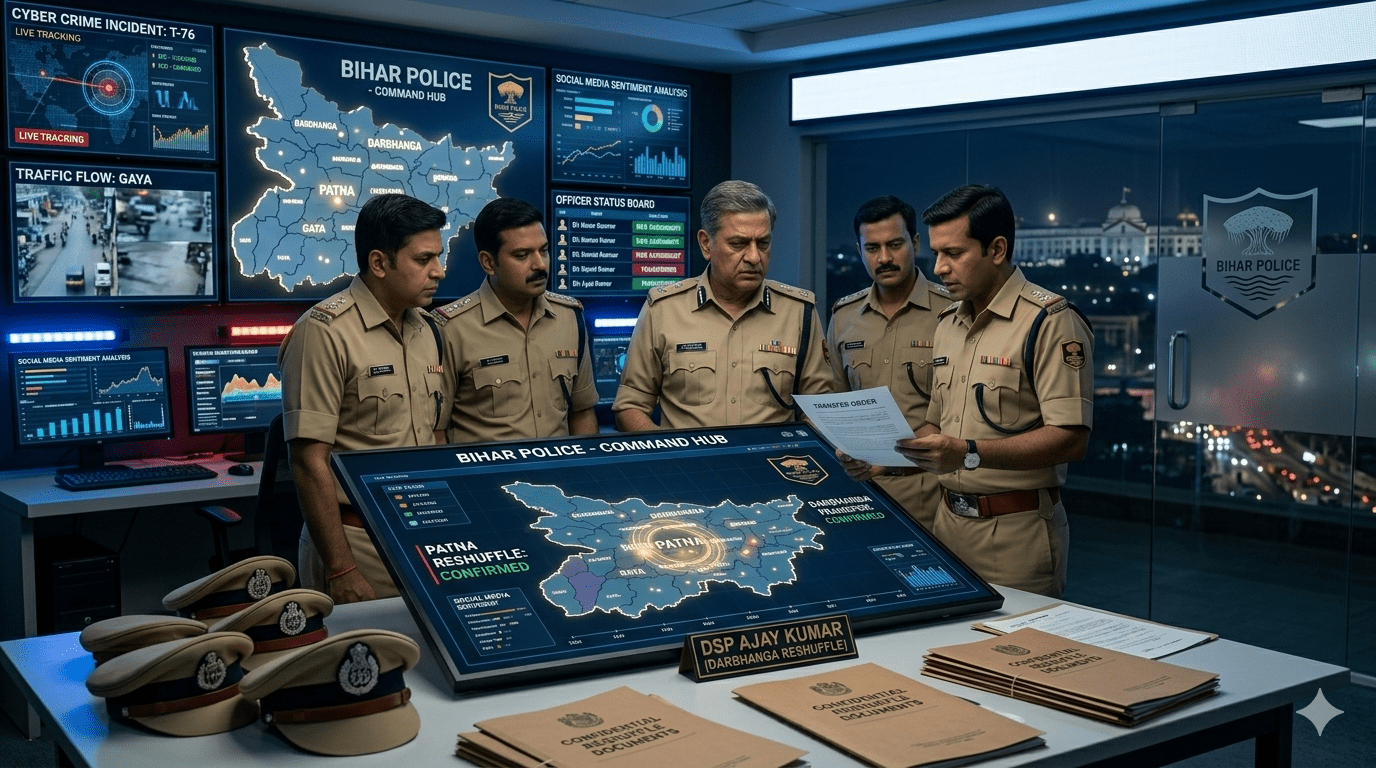 बिहार पुलिस महकमे में बड़ा फेरबदल 16 IPS अधिकारियों का ट्रांसफर, साइबर और EOU समेत कई विभागों में नई तैनाती बिहार पुलिस महकमे में बड़ा फेरबदल 16 IPS अधिकारियों का ट्रांसफर, साइबर और EOU समेत कई विभागों में नई तैनाती