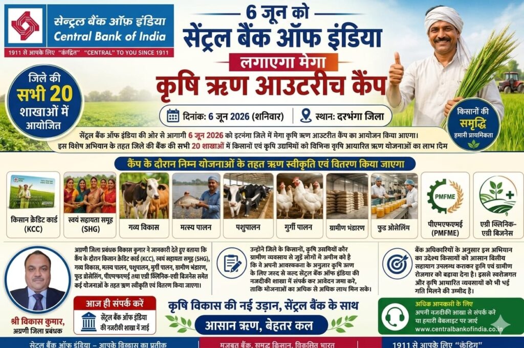 दरभंगा में 6 जून को मेगा कृषि ऋण आउटरीच कैंप, किसानों को मिलेगा बड़ा लाभ दरभंगा में 6 जून को मेगा कृषि ऋण आउटरीच कैंप, किसानों को मिलेगा बड़ा लाभ