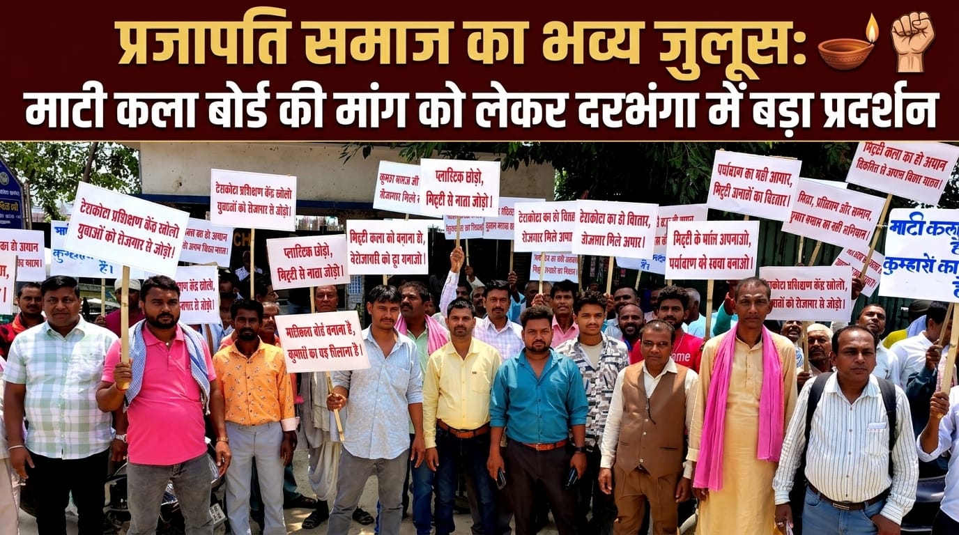 प्रजापति समाज का भव्य जुलूस: माटी कला बोर्ड की मांग को लेकर दरभंगा में बड़ा प्रदर्शन