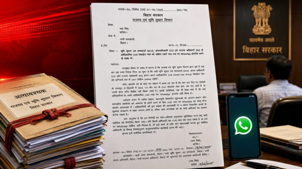 बिहार सरकार का बड़ा आदेश, अब अधिकारियों को WhatsApp रखना होगा अनिवार्य बिहार सरकार का बड़ा आदेश, अब अधिकारियों को WhatsApp रखना होगा अनिवार्य