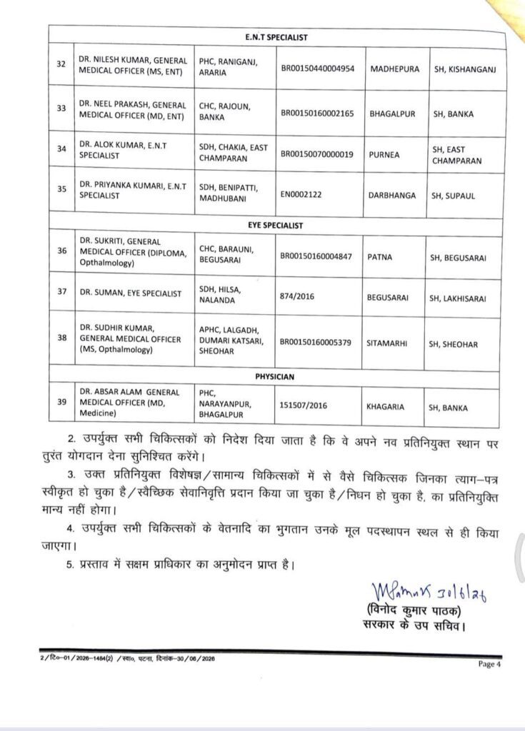 स्वास्थ्य सेवाओं को मजबूत करने के लिए 39 डॉक्टरों की प्रतिनियुक्ति सूची जारी