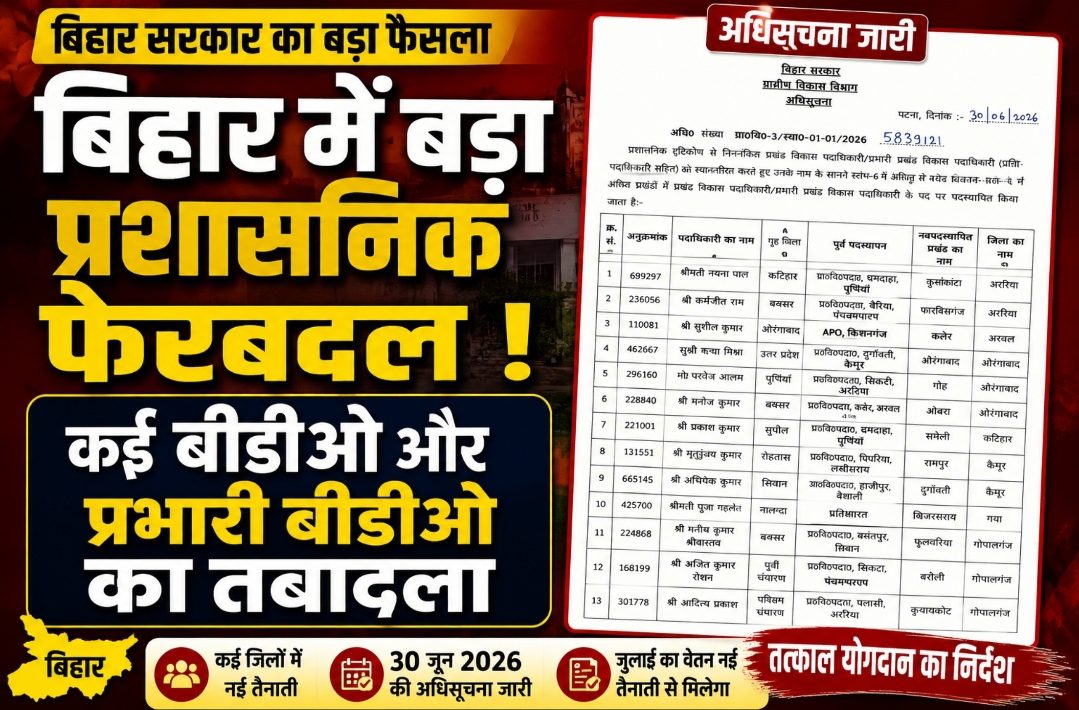 बिहार में बड़ा प्रशासनिक फेरबदल, कई बीडीओ और प्रभारी बीडीओ का तबादला