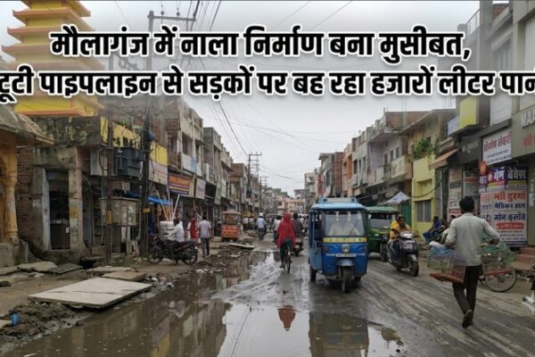 मौलागंज में नाला निर्माण बना मुसीबत, टूटी पाइपलाइन से सड़कों पर बह रहा हजारों लीटर पानी
